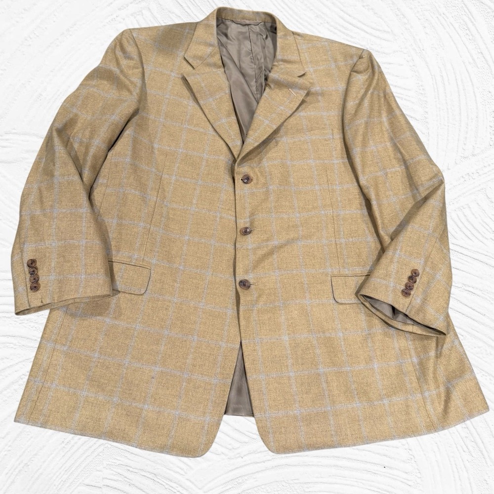 Hickey Freeman Bespoke Tan Windowpane Loro Piana Cashmere 3 Button Blazer 50L